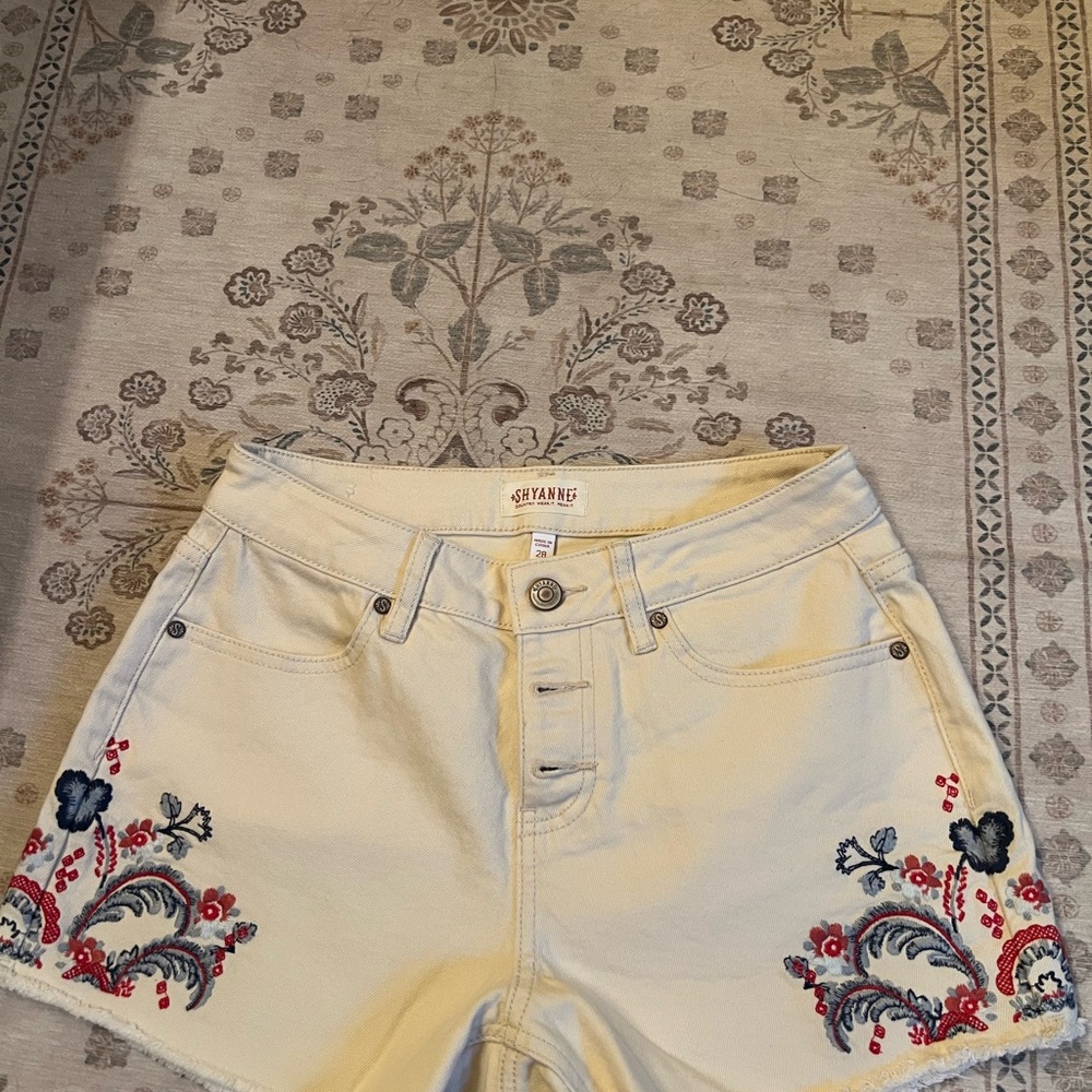 Anthropologie Cream Floral Embroidered High Waist Shorts
